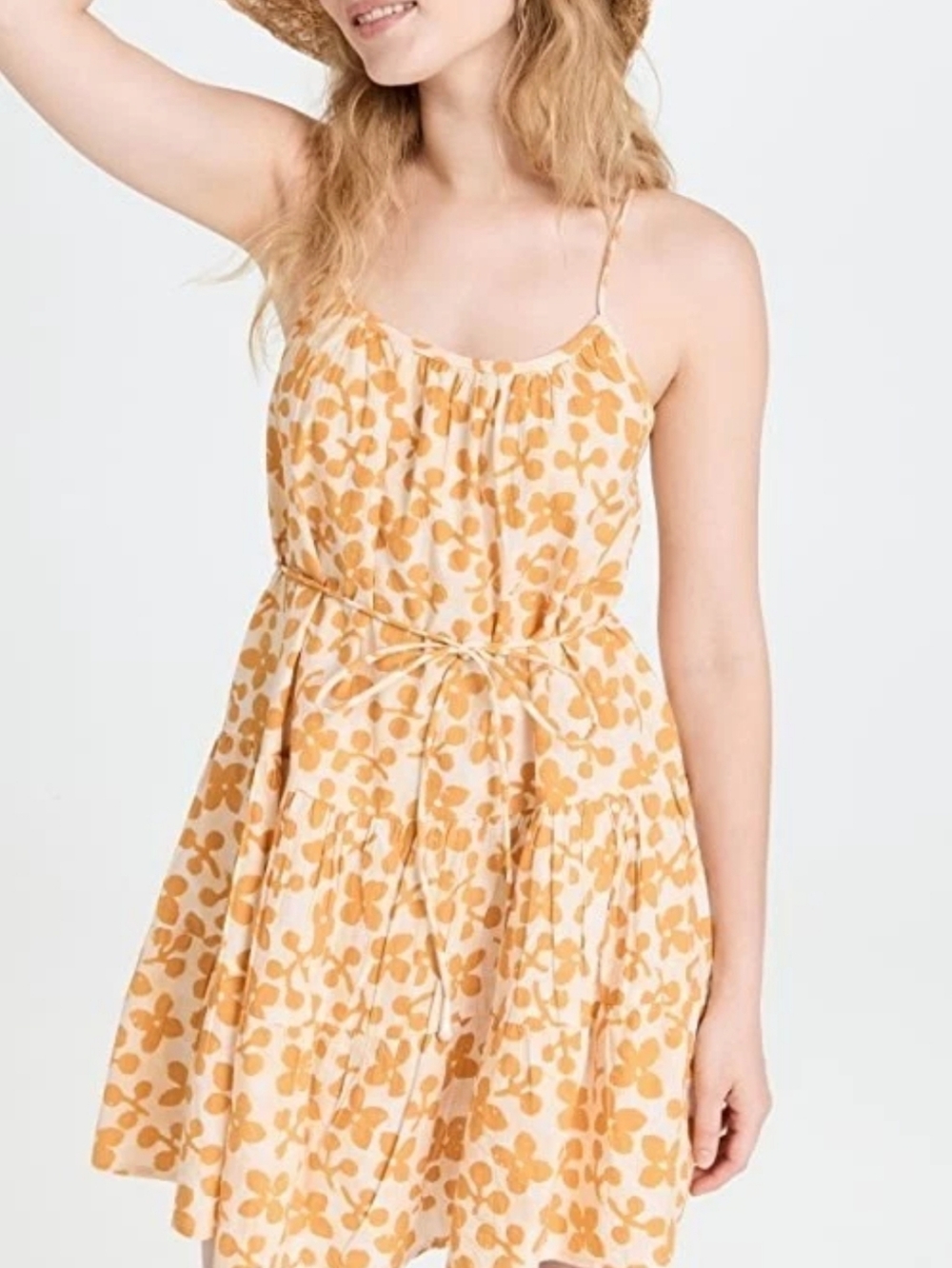 Apiece Apart Yellow Floral biba mini dress Organic Cotton Tiered Womens Large